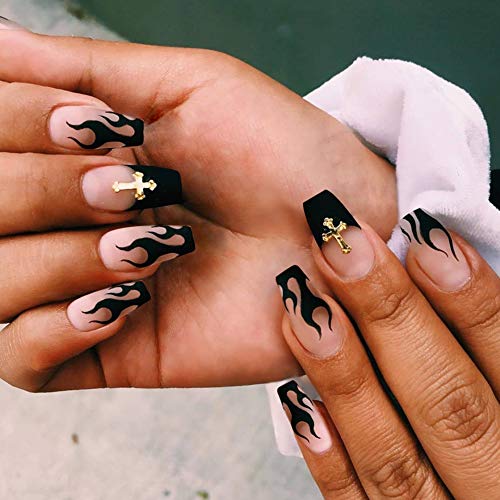 Matte Short Ballerina Press on Nails with Designs,Black Flame Acrylic Nails Press on,Stick on Nails for Women,Artificial Glue on Nails,Fake Nails with Gold Cross Decors for Nail Art Decoration,24PCS