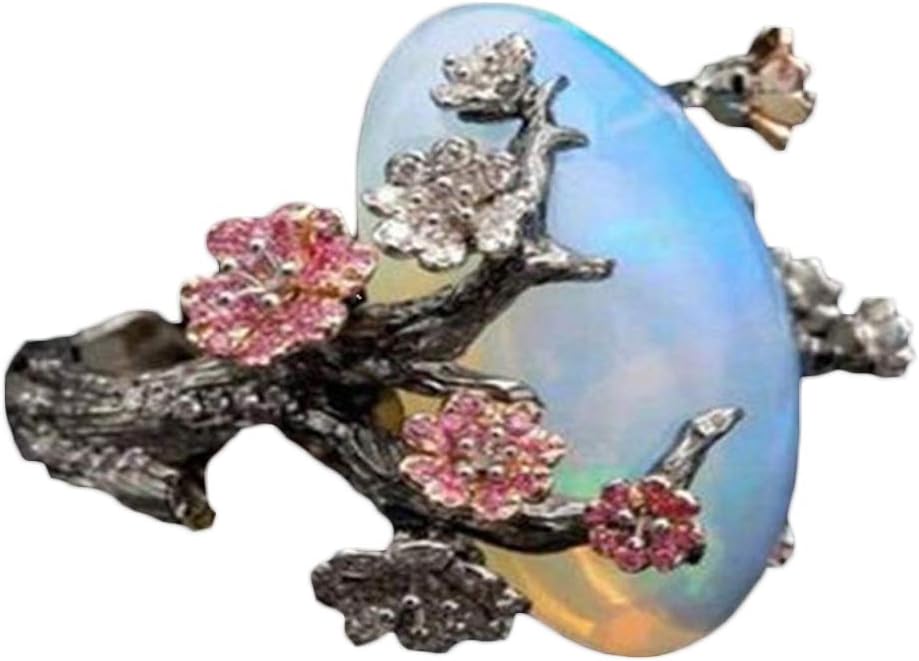 SEniutarmEngagement Love Rings Wedding Bands Vintage Women Faux Opal Plum Blossom Flower Two Tone Finger Ring Jewelry Gift for Women/Girl Finger Rings DIY Jewelry Gifts