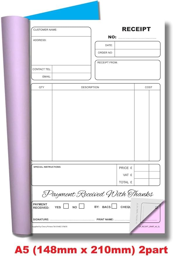 Cherry Carbonless NCR Receipt Book Duplicate 2pt A5 (148 x 210 millimetres) S+L Perfect for Small Businesses **2 Pack** - Image 3