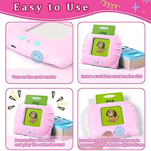 Toddler using QuTZ talking flash cards showing different educational categories