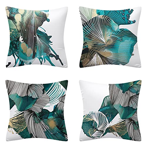 Fullfun Teal Butterfly Cushion Covers, Turquoise hand-painted abstract pillow covers, duck egg blue Pack of 4 square throw pillowcase with invisible zipper for sofa & couch 45 cm x 45 cm