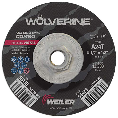 Weiler 56429 Wolverine Type 27 Cut and Grind Combo Wheel, A24T, 5/8" 11 UNC Nut, 4 1/2" x 1/8", Aluminum Oxide, 4.5" Diameter (Pack of 10)