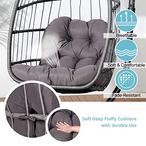 Patiorama PA-44 Indoor Outdoor Egg Swing Chair With Stand, Patio Grey Wicker Rattan Hanging Chair With Rope Back, Cushion,Cover,All Weather Foldable Hammock Chair thumb #5