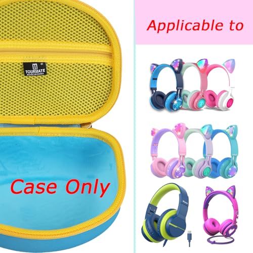 Image of Tourmate Hard Travel Case for Riwbox CT-7 / CT-7S Cat Ear LED Light Kids Wireless Headphones, Protective Carrying Storage Bag (Blue&Yellow)