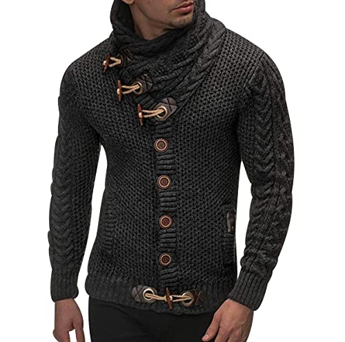 Image of Mens Turtle Neck Jumper Casual Knitted Men Cardigan Warm Slim Fit Oversize Button Pullover Winter Long Sleeve Pocket Top Soft Plus Size Mens Top Sweater Gant Jumpers Men Pullover Top Dark Gray S