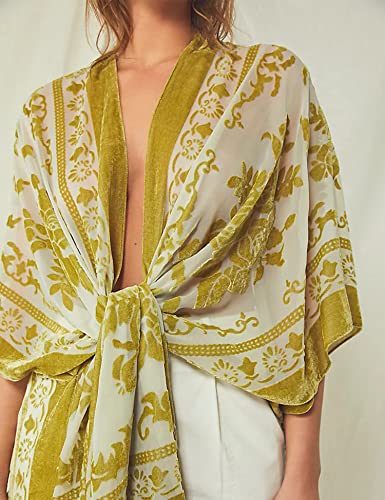 WeHello Women's Burnout Velvet Kimono Long Cardigan Cover Up with Tassel (Martini)