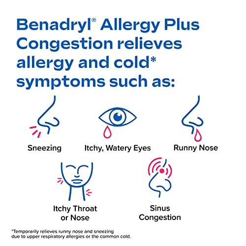 Benadryl Allergy Plus Congestion Ultratabs, Allergy Medicine With Diphenhydramine Hcl Antihistamine & Phenylephrine Hcl Nasal Decongestant, Allergy & Sinus Congestion Relief Tablets, 24 Ct #TOP2