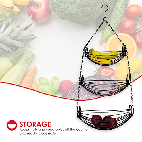 Home Basics 3-Tier Adjustable Chrome Heavy Duty Wire Hanging Fruit Or Vegetable Kitchen Storage Baskets, Black Finish, Hammock Style #TOP2
