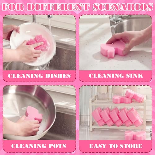 Image of Tioncy 12 Pack Pink Bow Sponges Bulk Preppy Dual Sided Scrubber Stylish Pink Bow Sponges Reuseble Non Scratch Dishwashing Kitchen Cleaning Accessories for Cookware Pot Boiler Pan Household