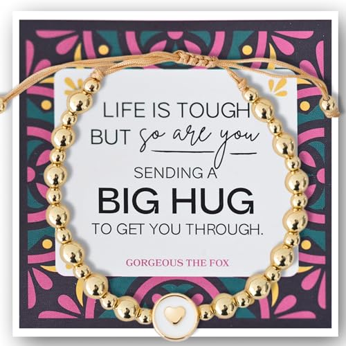 Gold Beaded Bracelets for Women – Beaded Bracelets 18K Gold Plated, Tarnish-Resistant, Adjustable Stretch Bracelet with Heart Charm – Inspirational Gifts for Women with Blank Card