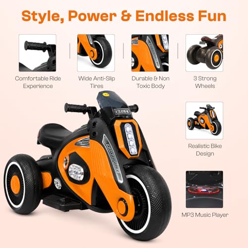 Image of Toyzone Rambo Electric Bike (Orange) |12V Rechargeable Bike for Kids with 4.5Ah Battery | LED Lights, Music, MP3| Smooth Acceleration | 6M Battery Warranty | for Big Kids Age 4-12 Years, Up to 35kg