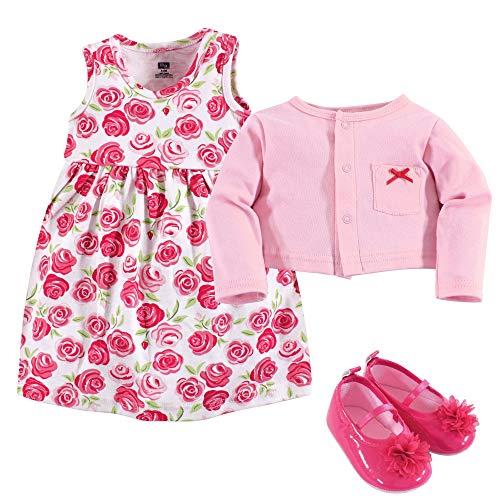 Hudson Baby Baby Girls Cotton Dress, Cardigan And Shoe Set Casual Dress, Pink Roses, 3-6 Months Us #TOP1