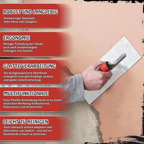 BHHTBB Edelstahl Maurerkelle 28 x10 cm Trockenbau Spachtel Glättkelle, Profi Glättekelle 280x130mm - Rostfreie Glättspachtel aus Edelstahl
