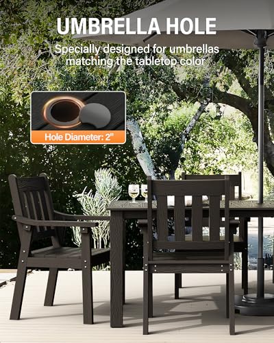 Image of YEFU HIPS Patio Table Set: 7 Piece Outdoor Table and Chairs Patio Furniture Set with Umbrella Hole - Black Modern Plastic Dining Sets 6 Person for Outside Deck with Metal Aluminum Frame