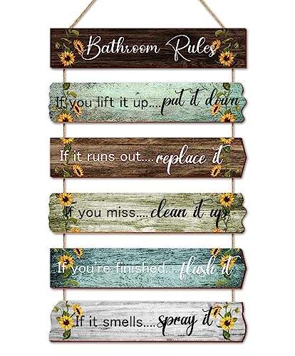 UBTKEY Bathroom Rules Sunflower Bathroom Decor, Wooden Rustic Bathroom Decor Wall Art Funny Bathroom Signs Pictures Decor Hanging for Farmhouse Toilet Guest Bathroom Decorations, 11.8 x 18.4 Inch