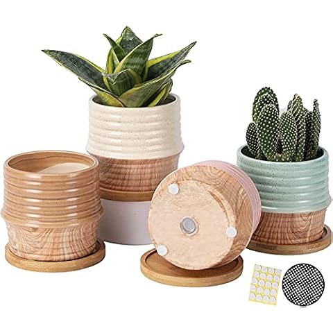 4 Inch Ceramic Plant Pot with Bamboo Saucer, Water Transfer Printing Wood Grain Planters Pots with Drainage Hole & Mesh Pads for Succulent, Indoor Flowers, Snake Plants, Cactus, Herbs, Set of 4 Cover