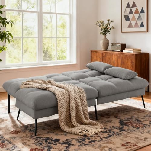 COMHOMA 72″ Futon Sofa Bed,Convertible Fabric Couch with Adjustable Backrest,Loveseat Recliner Sleeper Living Room Furniture futon Set (Grey) - Image 4