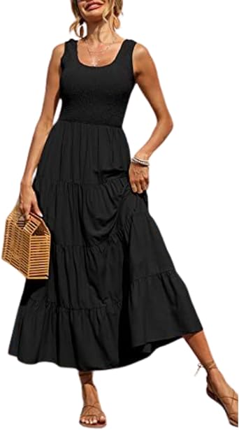 LIZALIG Womens Plain Casual Sundress 2025 Elastic Waist Long Maxi Dress Smocked Bodice Tiered Sleeveless Beachwear