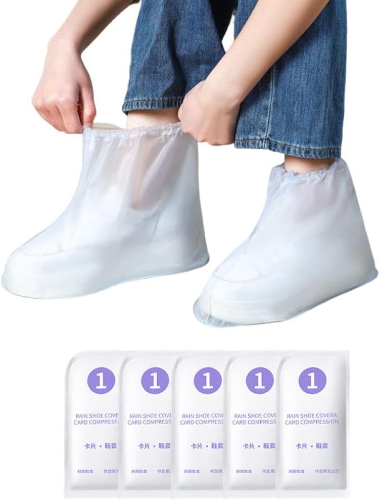 Aowin 5 Pack Waterproof Shoe Covers,Portable Non-Slip Water Resistan Rain Shoe Covers,White Resistant Waterproof Shoe Protectors,Outdoor Overshoes Galoshes Protectors for Men Women(Long,M)
