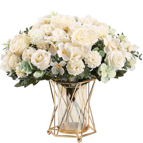 HNVNER 2 ramo de flores artificiais decoração, flor falsa peónia seda artificial rosas Hydrangea Flower para casamentos, casa, hotel, decoração de festas, centros de mesa (branco)