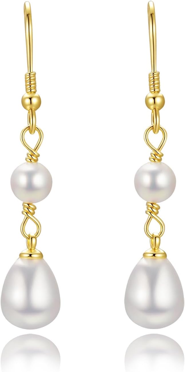 925 Sterling Silver Pearl Earrings,14K Gold Plated Dainty Pearl Drop Simple Wedding CZ Dangle Dangling Cute Stud Earrings for Brides Earrings for Women Gifts Wedding Pearls Earring Formal Jewelry - Image 8