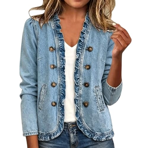 TANGNADE Jean Jacket Women Fall Vintage Open Front Ruffled Denim Jackets - image 6