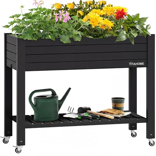 YITAHOME 43.3x17.7x34 in Elevated Garden Bed Outdoor Plastic Planter Box with Wheels Legs Drain Plug and Storage Shelf for Plants Vegetables Flowers Herbs Black