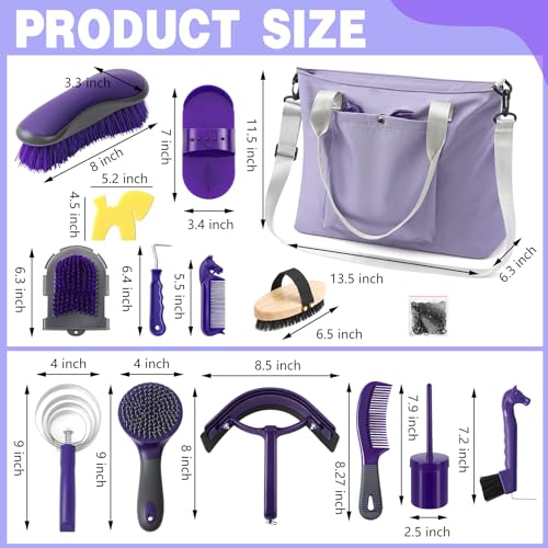 Abbylike 15 Pieces Horse Grooming Kit with Organizer Tote Bag Tack Room Supplies Horse Brush Sets Care Equine Cleaning Kit Shedding Grooming Massaging Tools(Purple and Grey) - Image 2