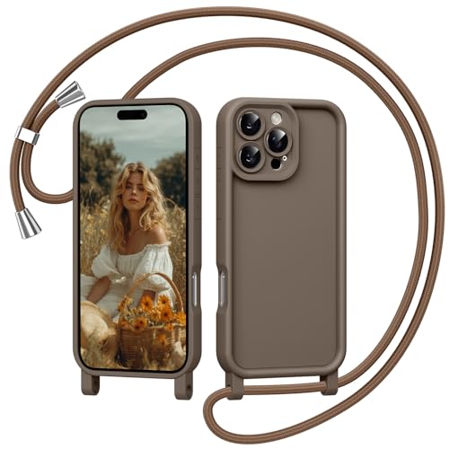 Coiwxmoi Handyhülle für iPhone 16 Pro Max 6,9" Hülle mit Band, Silikon Handyband Hülle mit Abnehmbar Kordel Kette zum Umhängen Stoßfeste Schutzhülle für iPhone 16 Pro Max, Braun
