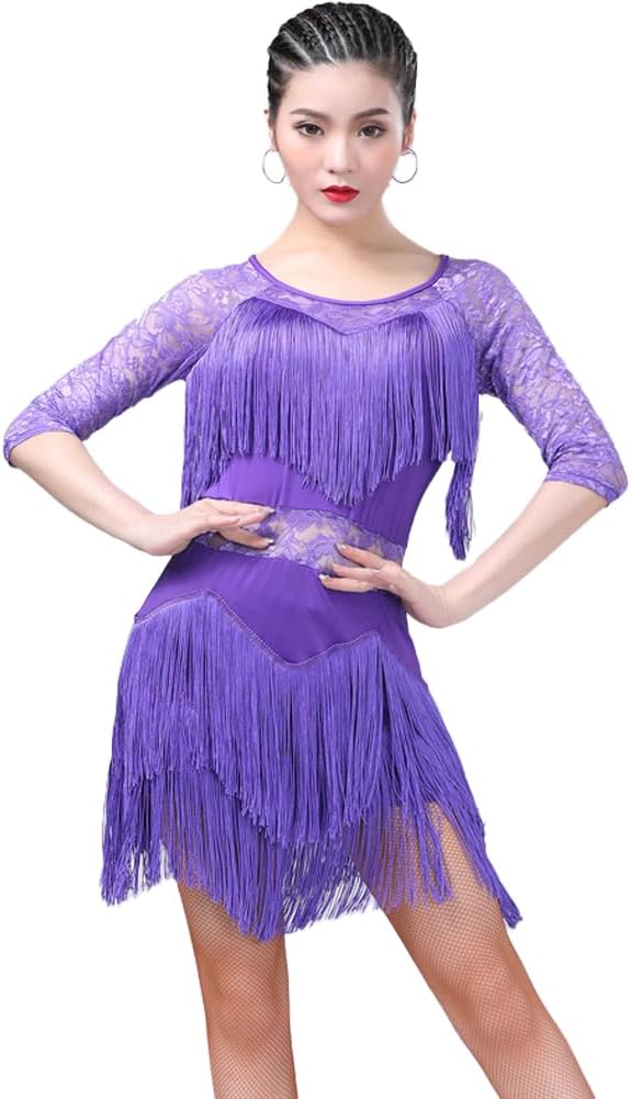 Women Ballroom Latin Dance Dress Fringed Costume Lace Round Neck Half Sleeve Tango Salsa Dress with Shorts Medium Size
