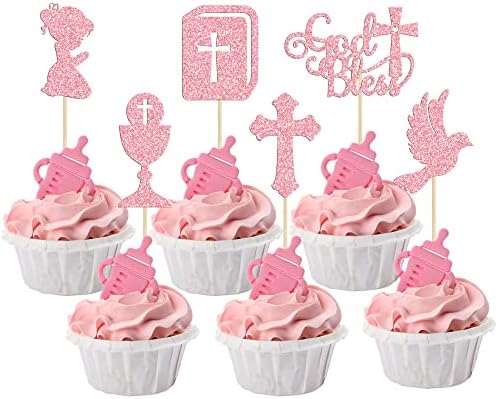 Gyufise 24Pcs Pink Glitter Girl God Bless and Baptism Cupcake Toppers Cross Babyshower Cupcake Picks Christian Party Decoration Supplies