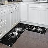 Black Kitchen Mat Set of 2, Goth rug, Halloween Kitchen Rugs, Gothic Witch Occult Skull Home Kitchen