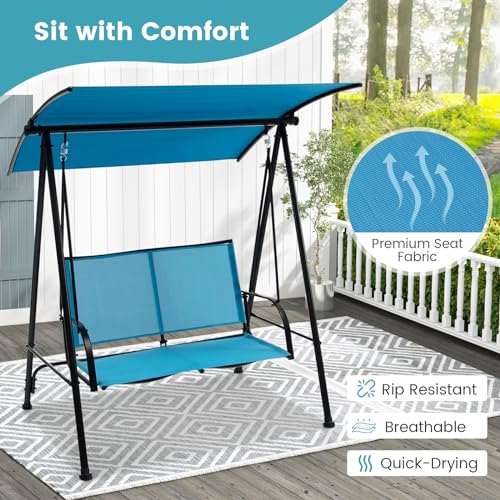 Image of HAPPYGRILL Outdoor Patio Swing for 2 Person, Porch Swing Chair w /Adjustable Canopy, Heavy-Duty Metal Frame, Breathable Seat Fabric, Patio Loveseat Swing for Backyard, Balcony, Poolside