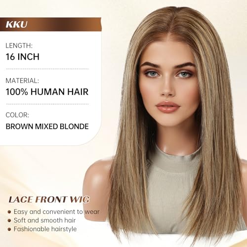 Image of KKU 16 Inch Brown Mixed Blonde Human Hair Wigs for Women,5x5 Lace Front Wigs Human Hair,wigs for women