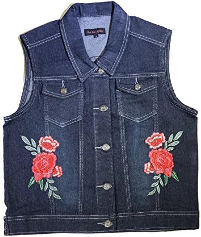 KoKoAllis Womens Casual Sleeveless Denim Cropped Embroided Vest Jacket- Large 74612