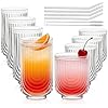 INSETLAN Water Drinking Glasses Set of 8-4 Highball Glasses 14 oz, 4 Rocks Glass Cups 12 oz, Arch Design Cocktail Glasses, Vintage Glassware, With Glass Straw, for Beverages Ice Coffee Juice Water