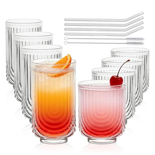 INSETLAN Water Drinking Glasses Set of 8-4 Highball Glasses 14 oz, 4 Rocks Glass Cups 12 oz, Arch Design Cocktail Glasses, Vintage Glassware, With Glass Straw, for Beverages Ice Coffee Juice Water