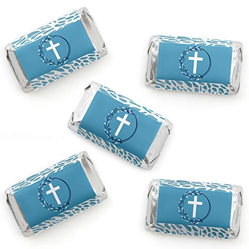 Blue Elegant Cross - Boy Religious Mini Candy Bar Wrapper Stickers - 40pc