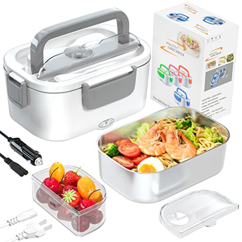 Nifogo Fiambrera Electrica, 3 in 1Taper Electrico para Comida, Lancheira Electrica, Fiambrera Termica, con Compartimentos Cuchillo y Tenedor, para Automóvil 12V/Camión 24V/Familia 220V (Gris) Cover