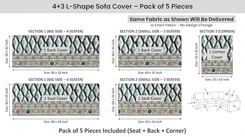 Image of Luxury Sofa Cover L Shape 7 Seater - Indigo Geometric Paisley 4+3 Seater (7 Seater) Quilted Sofa Cover Set Pack of 5, Washable, Indigo Ivory