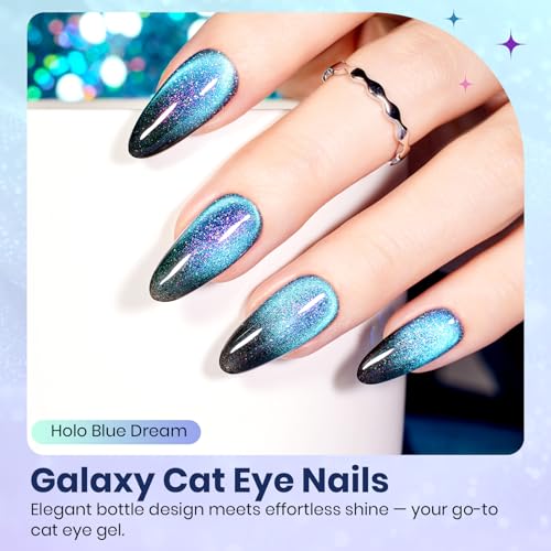 Image of Beetles Cat Eye Gel Nail Polish - 15ML Full Size 9D Cat Eye Chameleon Blue Glitter Gel Polish Magnetic Shimmer Effect Soak Off UV DIY Holo Blue Dream Manicure Gift for Women