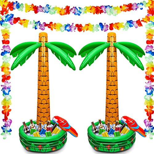 Deekin 4 Pcs Inflatable Palm Tree Cooler Blow up Palm Trees Jumbo Inflatable Hawaiian Luau Party Decorations Include 2 Sets 68 Inch Floating Cooler and Hawaiian Flowers Garland for Beach Pool Party