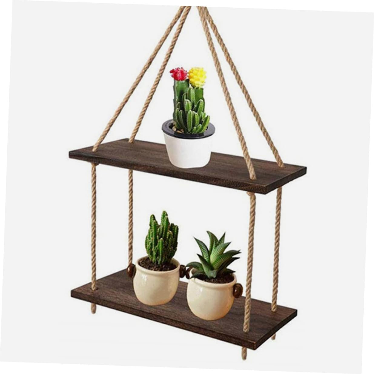 Toyvian Mensole Sospese da Parete Arazzo Boho in Legno Nero Supporto in Corda Naturale, Scaffali Galleggianti Rustici per Piante e Decorazioni, Set per Arredamento Casa