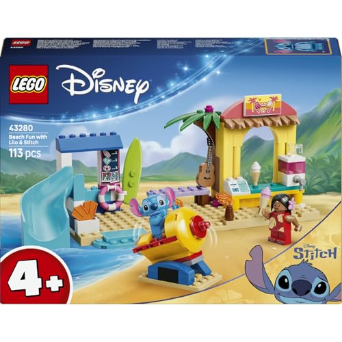 LEGO Disney Diversión en la Playa con Lilo y Stitch 43280 | Juguetes para niños y niñas de 4+ años, juego educativo montessori, 2 tiendas y minifiguras, regalo de cumpleaños, 113 piezas