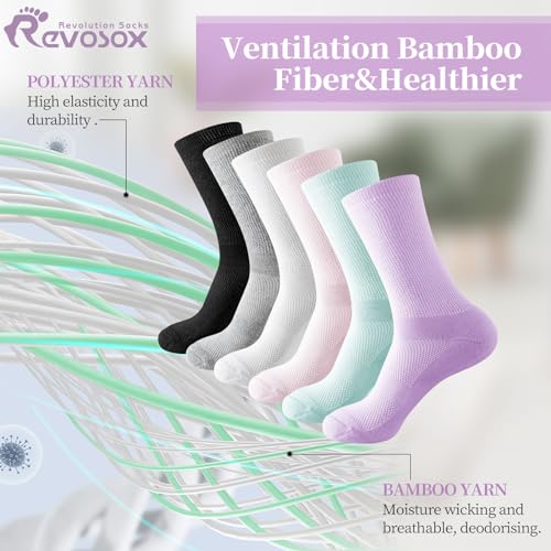 Image of Revosoxs Diabetic Crew Socks for Men Women,Bamboo Viscose Non-Binding Loose Top Wide Socks with Seamless Toe 9-12 10-13
