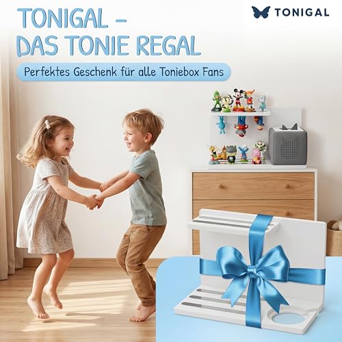 TONIGAL® Tonie Regal Weiß zum Hinstellen stehend für bis zu 40 Tonie Figuren, Toniebox & Ladestation I passend für IKEA Kallax I Toniebox Regal Magnetisch aus Holz, Tonieregal mit gerundeten Ecken