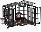 EasyCom 41 inch Heavy Duty Indestructible Dog Crate, Extra Large Metal Dog Kennel with 2 Adjustable Bowls, Open Top & Lockable Wheels, Escape Proof Indoor Cage for High Anxiety Large & Medium Breeds