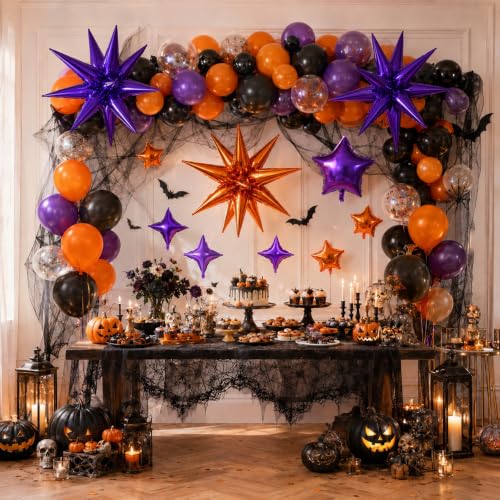 Image of Star Balloons Halloween Balloon Purple Orange Explosion Stars Balloon | 22 /18 /10 In Metallic Orange Purple Spike Stars Foil Balloon for Halloween Ghost Themed Birthday Gradution Party Decorations