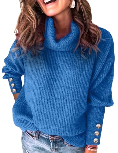 Image of Libsorge Women's Dressy Oversized Turtleneck Sweaters Fall 2024 Casual Winter Ribbed Knit Button Long Sleeve Pullover Sweater Blue S