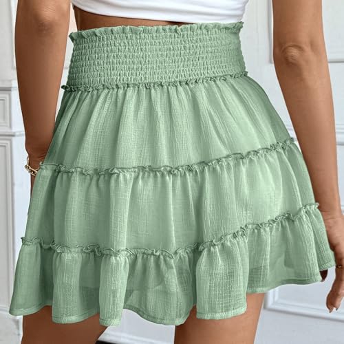Women's Flowy Skirt With Elastic High Waist And Chafing Design Ruffle Solid Color Casual Summer Outfits Mini Skater3